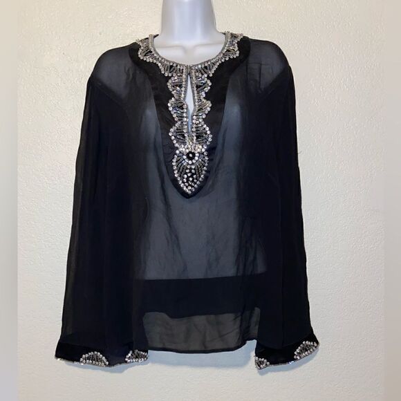 Tadashi Shoji Tops - Tadashi SILK Top Sheer‎ Beaded Sequined Crystal V Neckline Top Large
